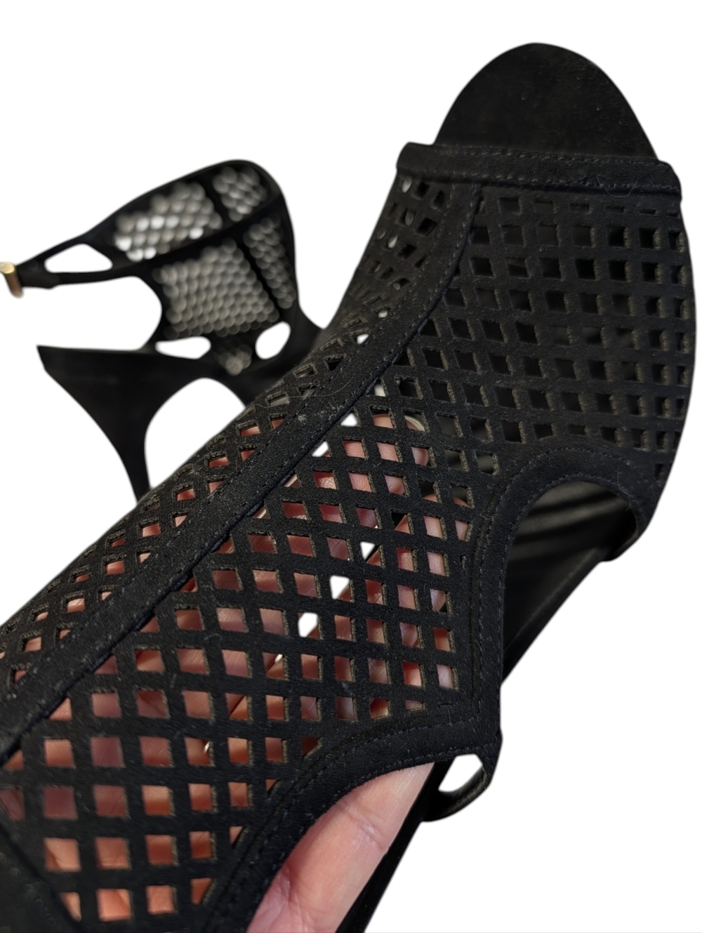 Madden Roseey Black Laser Cut Out Peep Toe Stiletto Heels Sandals Size 9 - Picture 6 of 11